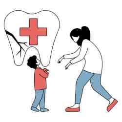 A woman and a child stand beside a tooth marked with a red cross, symbolizing dental health awareness.